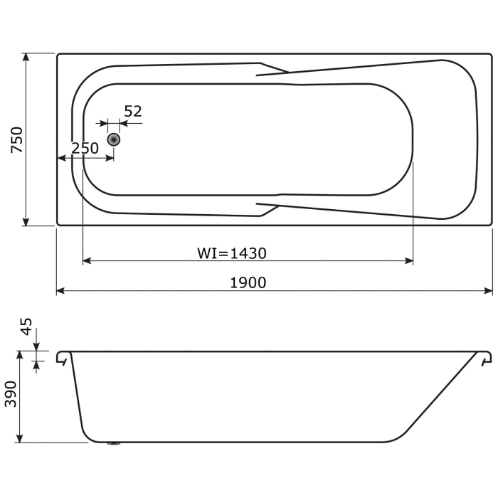 Caribia Rhodos Badewanne 190 x 75 cm ohne Schürze