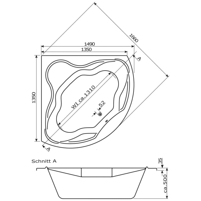 Caribia Vanaty Badewanne 149 x 149 cm ohne Schürze