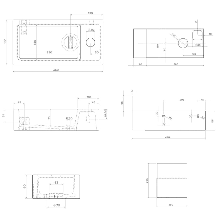 Clou Flush 3 Right Keramik - Handwaschbecken 36 cm mit offenem Unterschrank