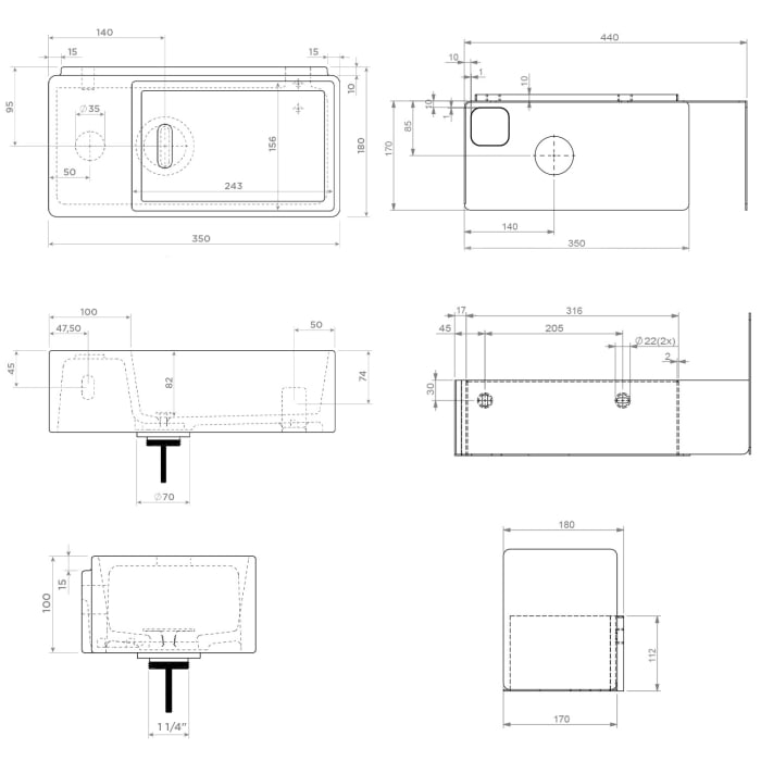 Clou New Flush 3 Left Keramik - Handwaschbecken 35 cm mit offenem Unterschrank
