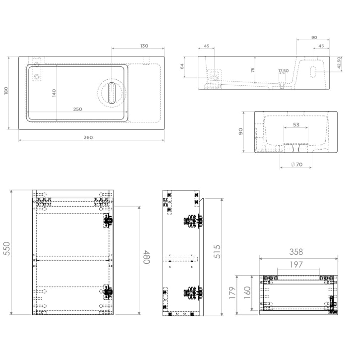 Clou Flush 3 Right Keramik - Handwaschbecken 36 cm mit Unterschrank