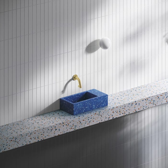 Clou Flush 3 Ecorazzo-Handwaschbecken 36 x 18 cm mit Ablage rechts, ohne Hahnloch