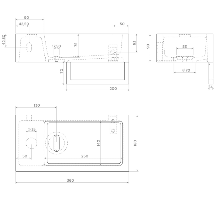 Clou Flush 3 Left Mineralmarmor-Handwaschbecken 36 x 18 cm mit vorgestochenem Hahnloch links und Handtuchhalter