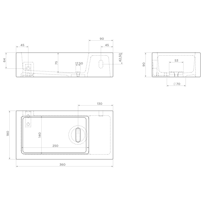 Clou Flush 3 Right Keramik-Handwaschbecken 36 x 18 cm mit Ablage rechts, ohne Hahnloch