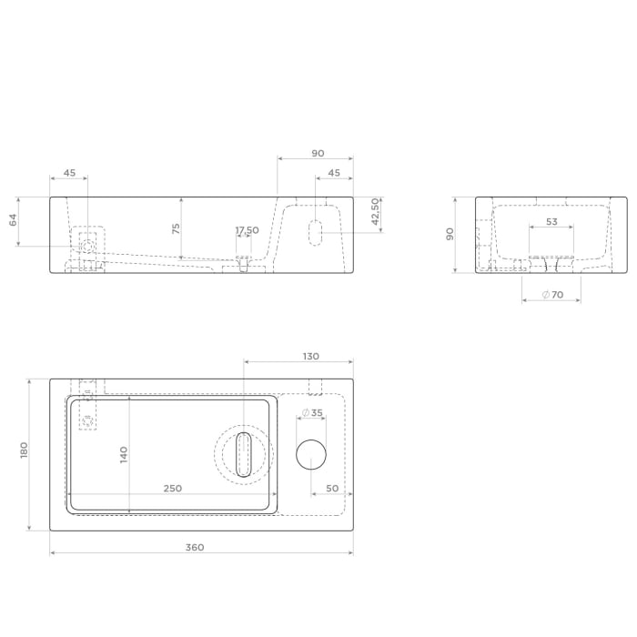 Clou Flush 3 Right Keramik-Handwaschbecken 36 x 18 cm mit Hahnloch rechts