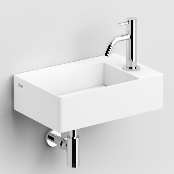 Clou New Flush 2 Aluite-Handwaschbecken 35,5 x 24,5 cm mit vorgestochenem Hahnloch rechts und Ablaufplatte