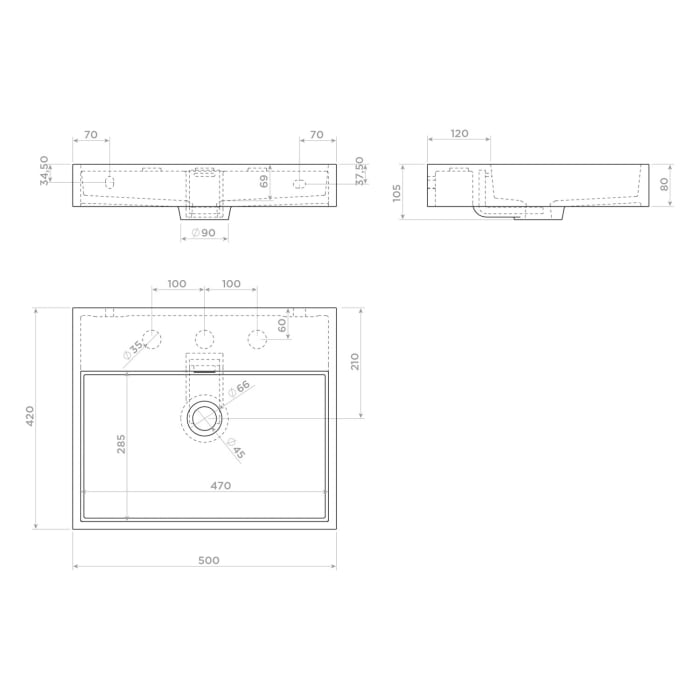 Clou Wash Me Keramik Waschtisch 50 cm mit 3 vorgestochenen Hahnlöchern