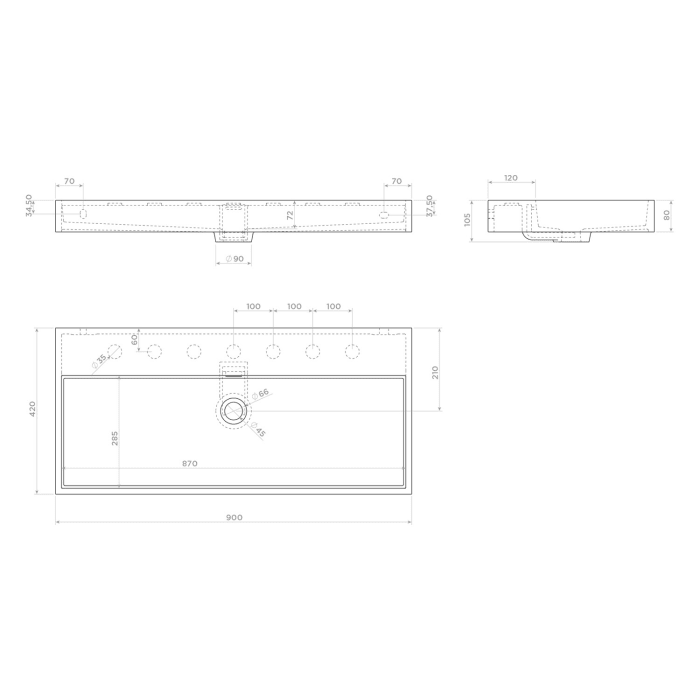 Clou Wash Me Keramik - Waschtisch 90 cm mit 7 vorgestochenen Hahnlöchern