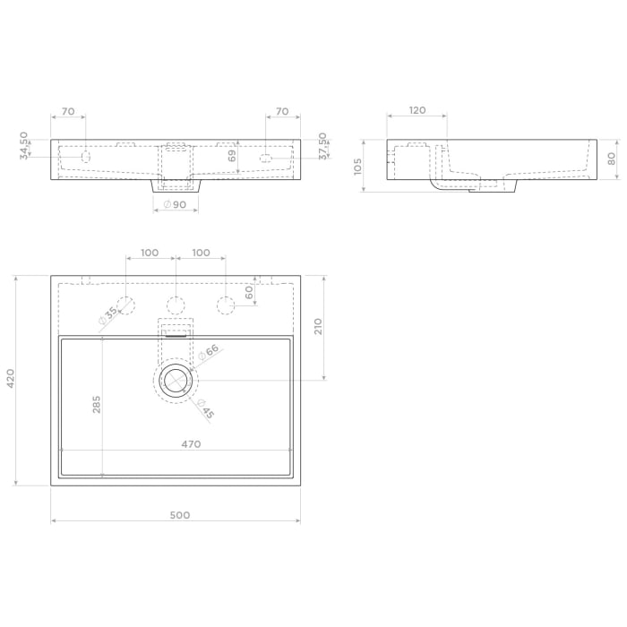 Clou Wash Me Aluite - Waschtisch 50 cm mit 3 vorgestochenen Hahnlöchern