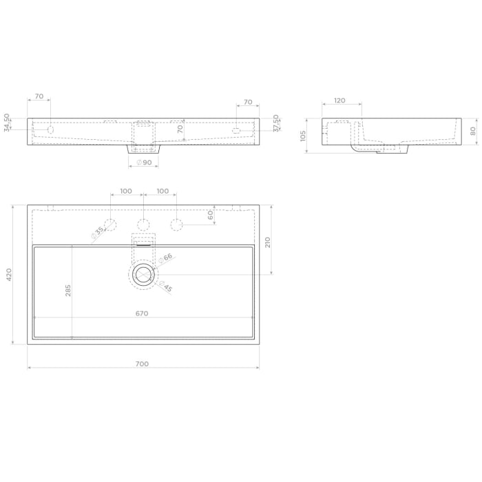 Clou Wash Me Aluite - Waschtisch 70 cm mit 3 vorgestochenen Hahnlöchern