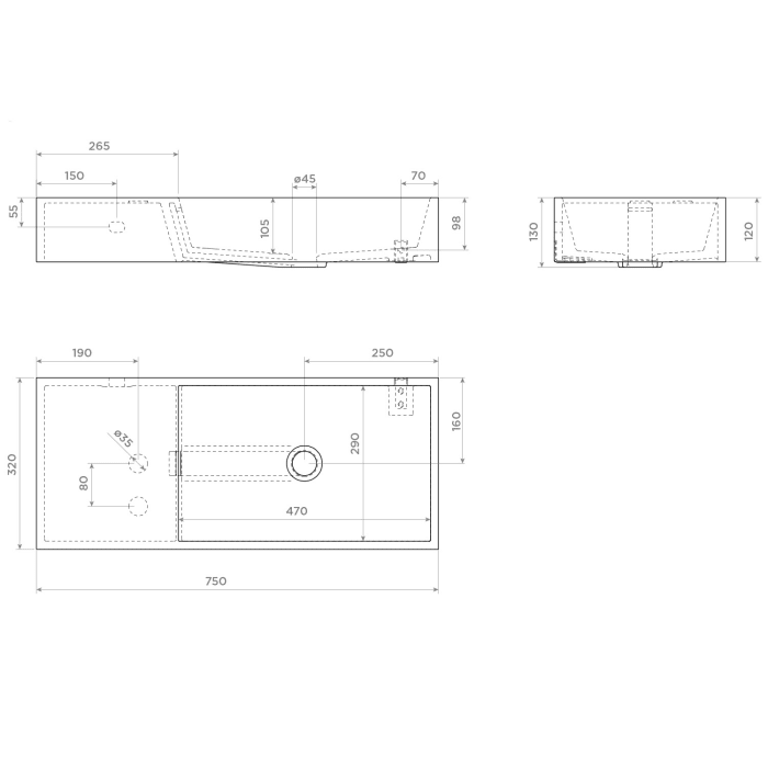 Clou Wash Me Aluite Waschtisch 75 cm ohne Hahnloch mit Ablage links