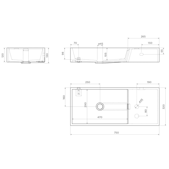 Clou Wash Me Aluite Waschtisch 75 cm ohne Hahnloch mit Ablage rechts