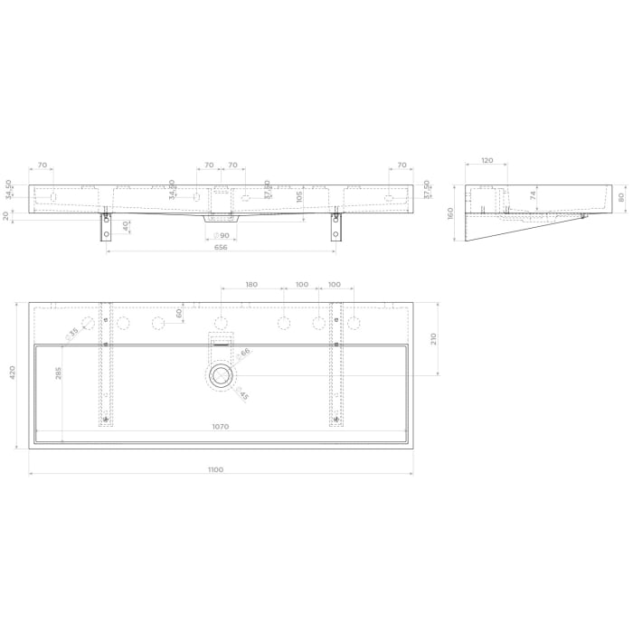 Clou Wash Me Keramik - Waschtisch 110 cm mit 7 vorgestochenen Hahnlöchern