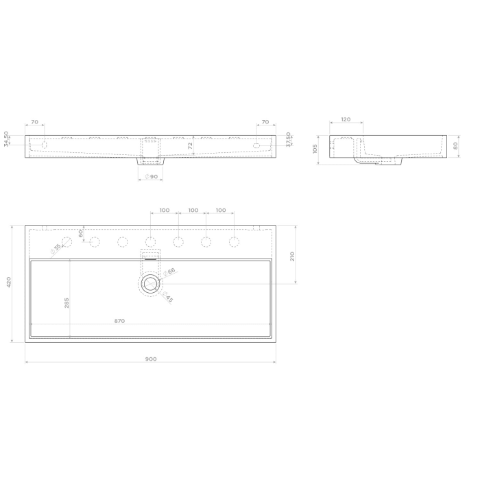 Clou Wash Me Mineralmarmor - Waschtisch 90 cm mit 7 vorgestochenen Hahnlöchern