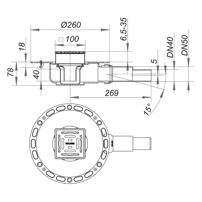 Dallmer TistoPlan VC 10 Bodenablauf, DN 40/DN 50, 10 x 10 cm