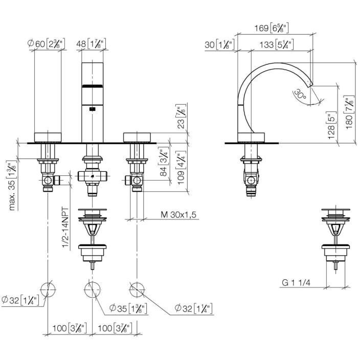 Dornbracht CYO Waschtisch-Dreilochbatterie mit Ablaufgarnitur, Ausladung 13,3 cm