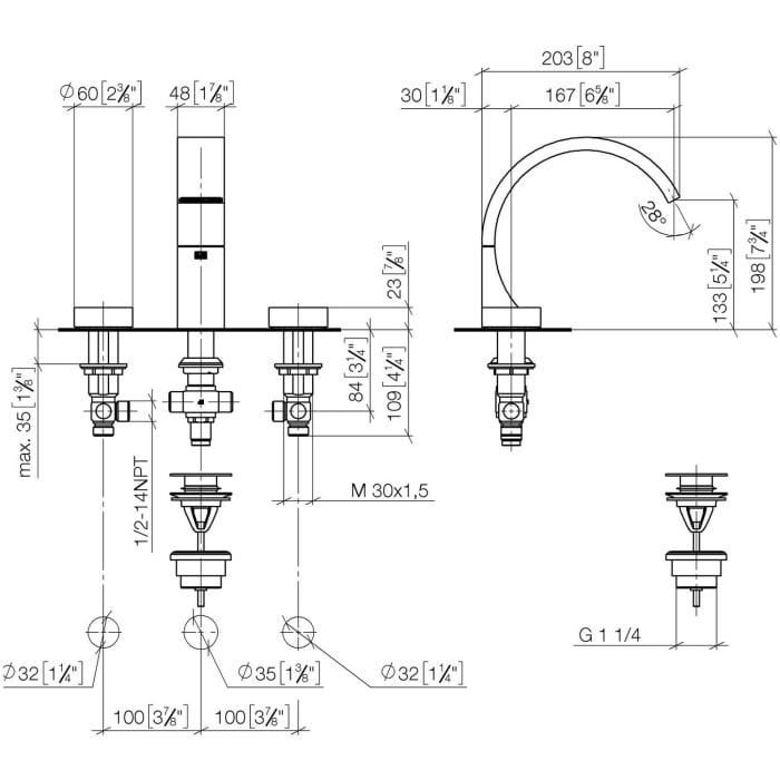 Dornbracht CYO Waschtisch-Dreilochbatterie mit Ablaufgarnitur, Ausladung 16,7 cm