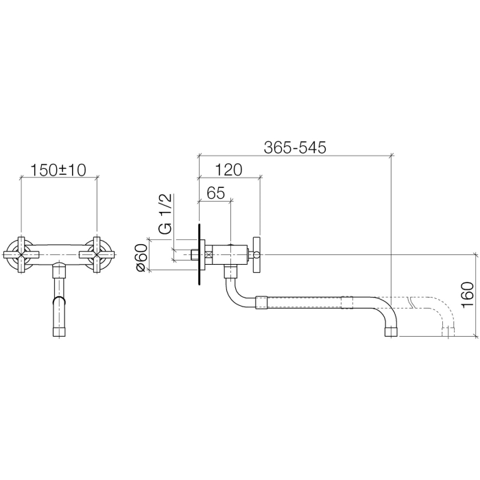Dornbracht Tara. Spültisch-Wand-Brückenbatterie mit herausziehbarem Auslauf
