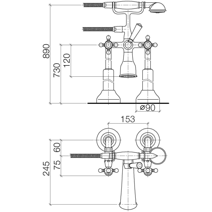 Dornbracht Madison Wannen-Zweilochbatterie mit Standrohren für freistehende Montage