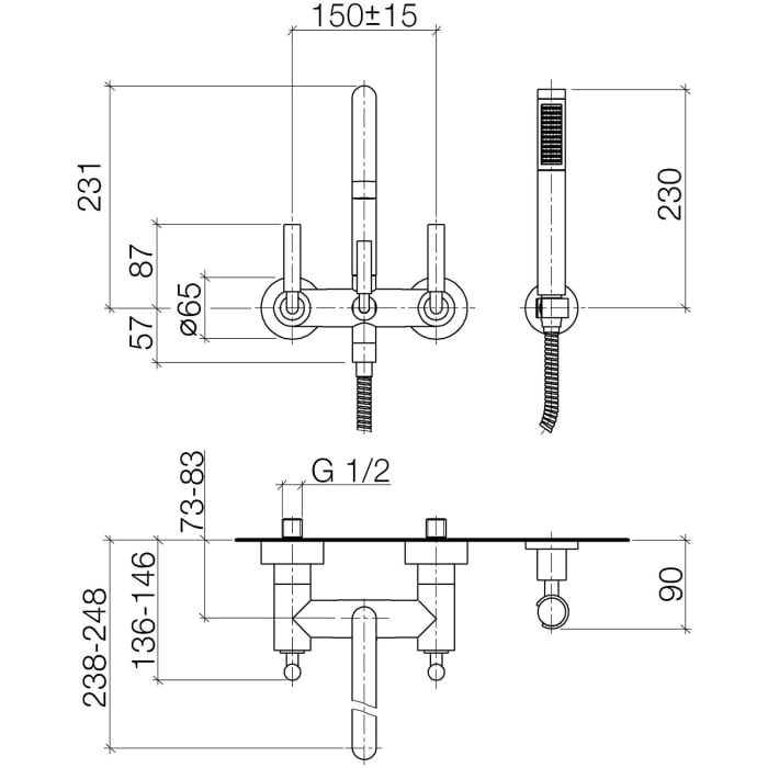 Dornbracht TARA Wannenbatterie für Wandmontage mit Schlauchbrausegarnitur