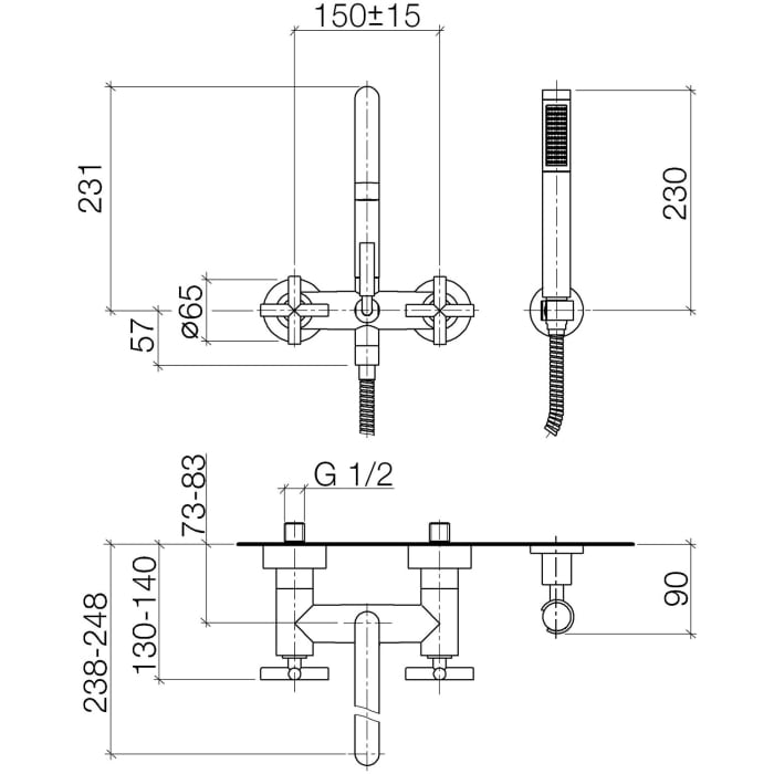 Dornbracht TARA Wannenbatterie für Wandmontage mit Schlauchbrausegarnitur