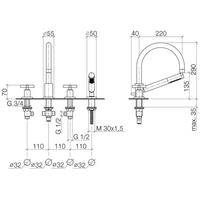 Dornbracht TARA Wannen-Vierlochbatterie für Wannenrand-/ Fliesenrandmontage