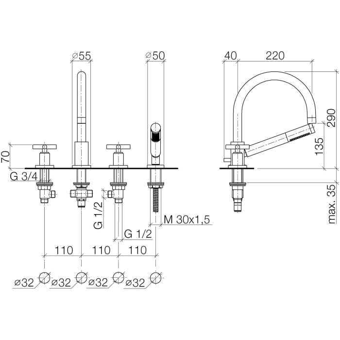 Dornbracht TARA Wannen-Vierlochbatterie für Wannenrand-/ Fliesenrandmontage