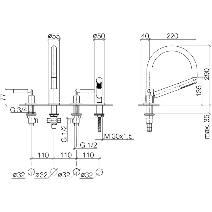 Dornbracht TARA Wannen-Vierlochbatterie für Wannenrand-/ Fliesenrandmontage