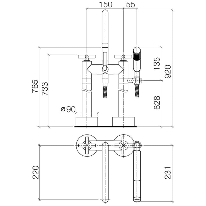 Dornbracht TARA Wannen-Zweilochbatterie mit Standrohren