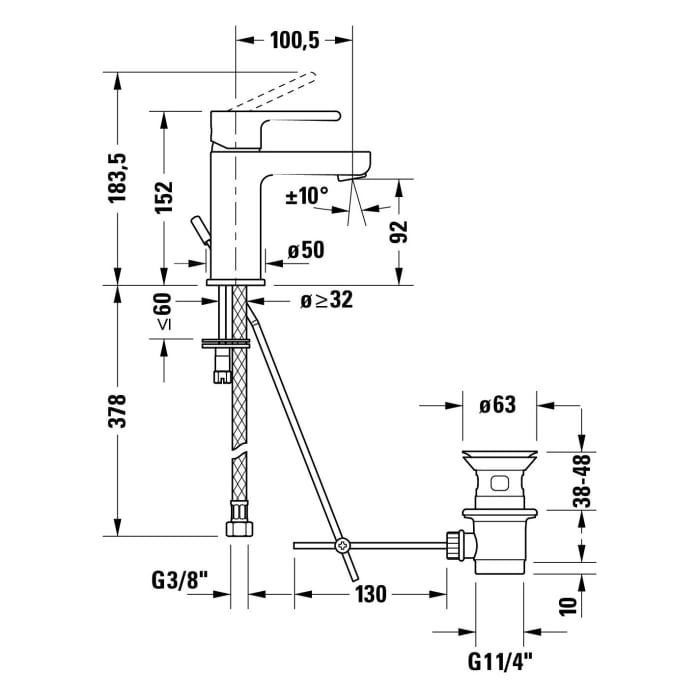 Duravit B.2 Einhebel-Waschtischmischer S FreshStart und MinusFlow, mit Zugstangen-Ablaufgarnitur
