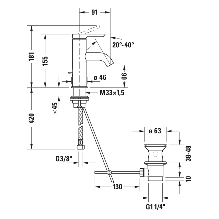 Duravit C.1 Einhebel-Waschtischmischer S FreshStart und MinusFlow, mit Zugstangen-Ablaufgarnitur