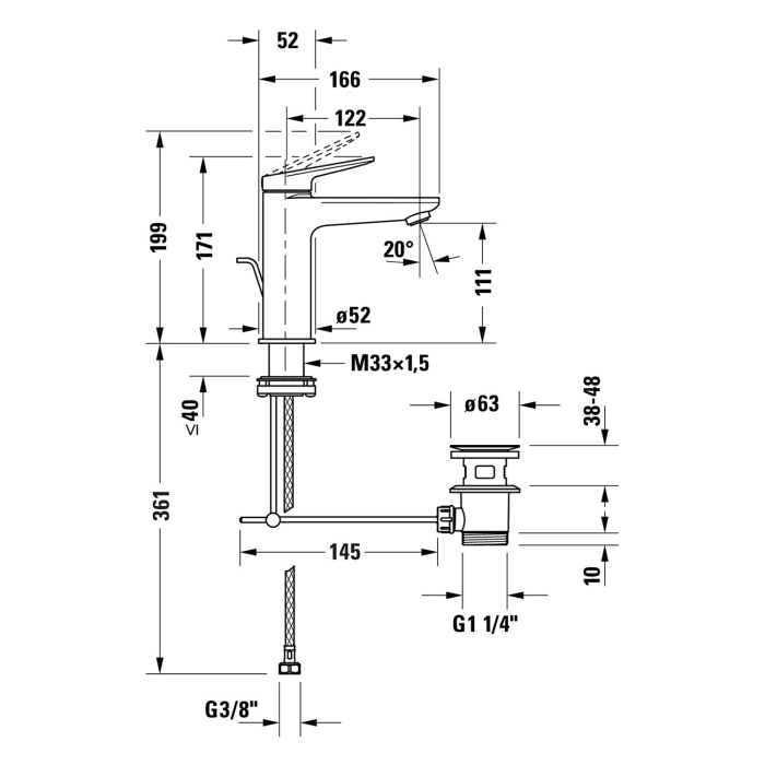 Duravit Wave Einhebel-Waschtischarmatur M FreshStart mit Zugstangen-Ablaufgarnitur