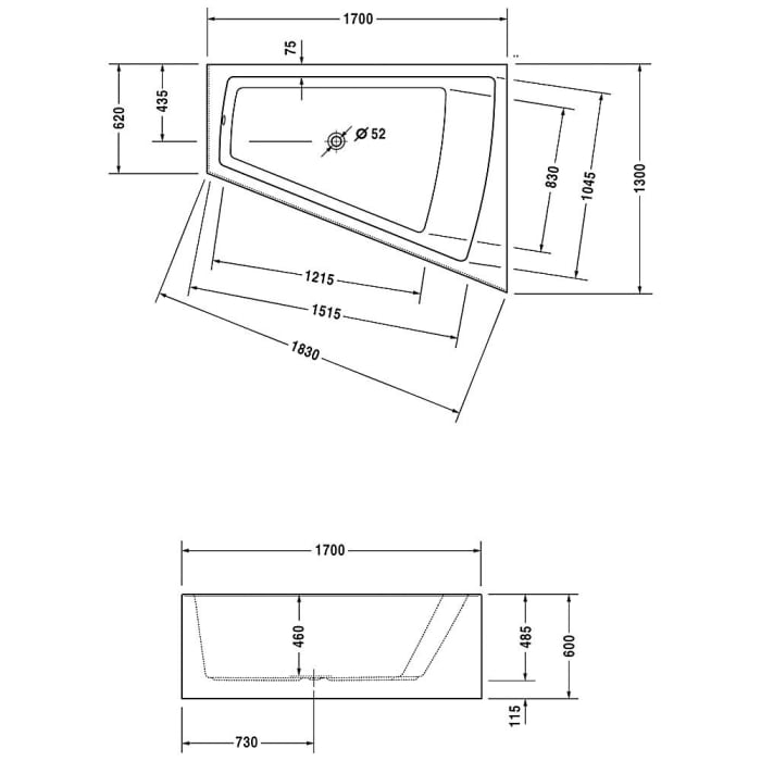Duravit Paiova Eck-Badewanne 170 x 130 cm Ecke rechts mit angeformter Schürze und Gestell