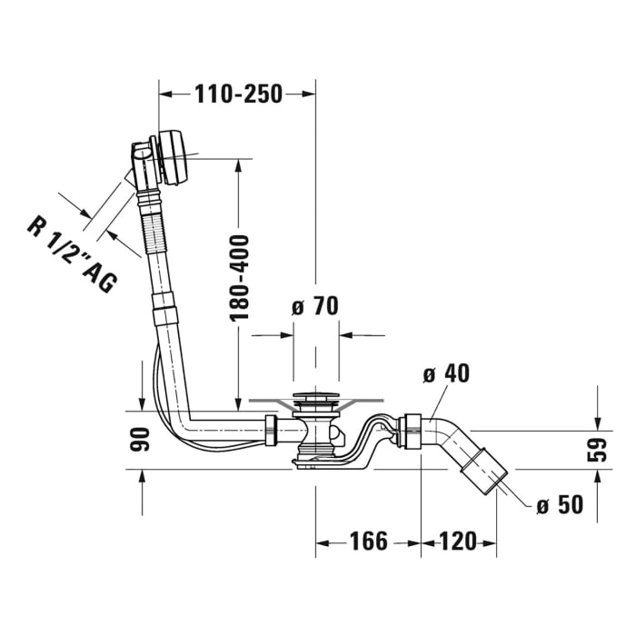 Duravit Ab- und Überlaufgarnitur Quadroval, Bowdenzug 53 cm, mit Wanneneinlauf