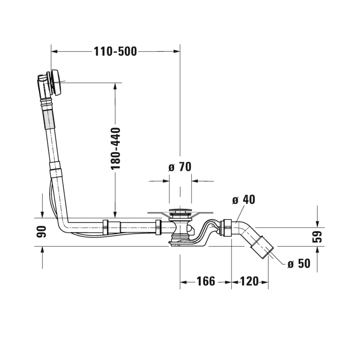 Duravit Ab- und Überlaufgarnitur Quadroval, Bowdenzug 65 cm