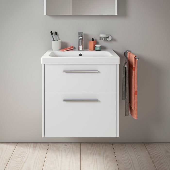 Duravit D-Code Waschtischunterschrank 60 cm mit Keramikwaschtisch, mit 2 Auszügen, Griff chrom