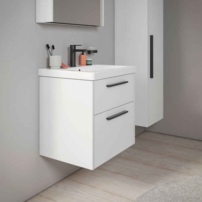 Duravit D-Code Waschtischunterschrank 60 cm mit Keramikwaschtisch, mit 2 Auszügen, Griff schwarz