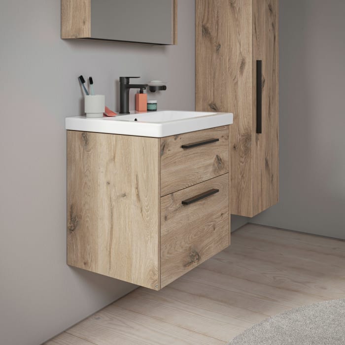 Duravit D-Code Waschtischunterschrank 60 cm mit Keramikwaschtisch, mit 2 Auszügen, Griff schwarz