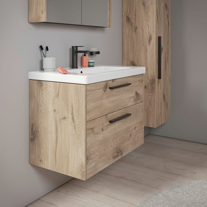Duravit D-Code Waschtischunterschrank 80 cm mit Keramikwaschtisch, mit 2 Auszügen, Griff schwarz