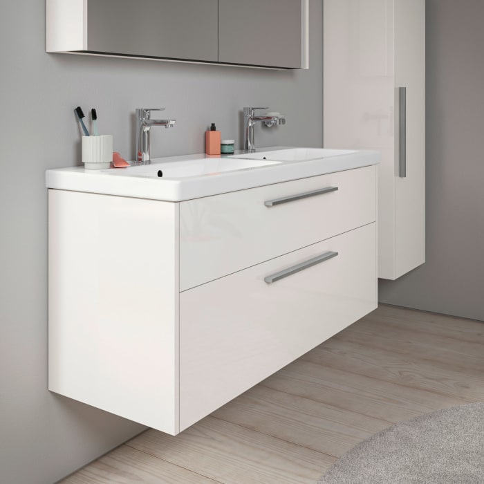 Duravit D-Code Waschtischunterschrank 120 cm mit Keramik-Doppelwaschtisch, mit 2 Auszügen, Griff chrom