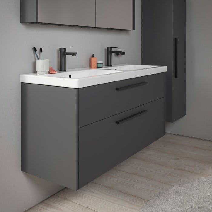 Duravit D-Code Waschtischunterschrank 120 cm mit Keramik-Doppelwaschtisch, mit 2 Auszügen, Griff schwarz