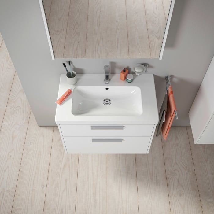 Duravit D-Code Waschtischunterschrank 80 cm mit Keramikwaschtisch, mit 2 Auszügen, Griff chrom