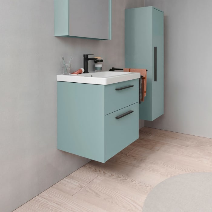 Duravit D-Code Waschtischunterschrank 60 cm mit Keramikwaschtisch, mit 2 Auszügen, Griff schwarz