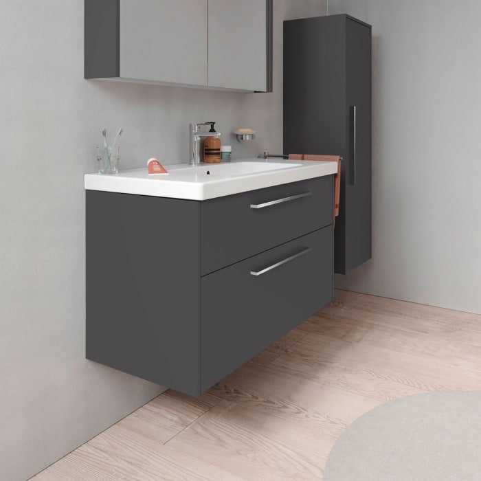 Duravit D-Code Waschtischunterschrank 100 cm mit Keramikwaschtisch, mit 2 Auszügen, Griff chrom
