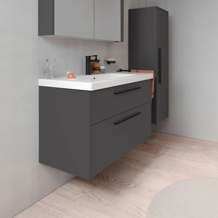 Duravit D-Code Waschtischunterschrank 100 cm mit Keramikwaschtisch, mit 2 Auszügen, Griff schwarz
