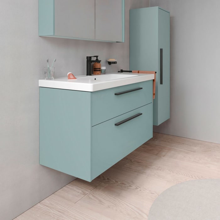 Duravit D-Code Waschtischunterschrank 100 cm mit Keramikwaschtisch, mit 2 Auszügen, Griff schwarz