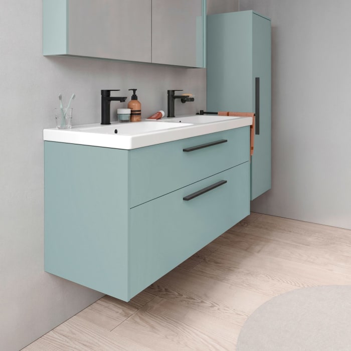 Duravit D-Code Waschtischunterschrank 120 cm mit Keramik-Doppelwaschtisch, mit 2 Auszügen, Griff schwarz