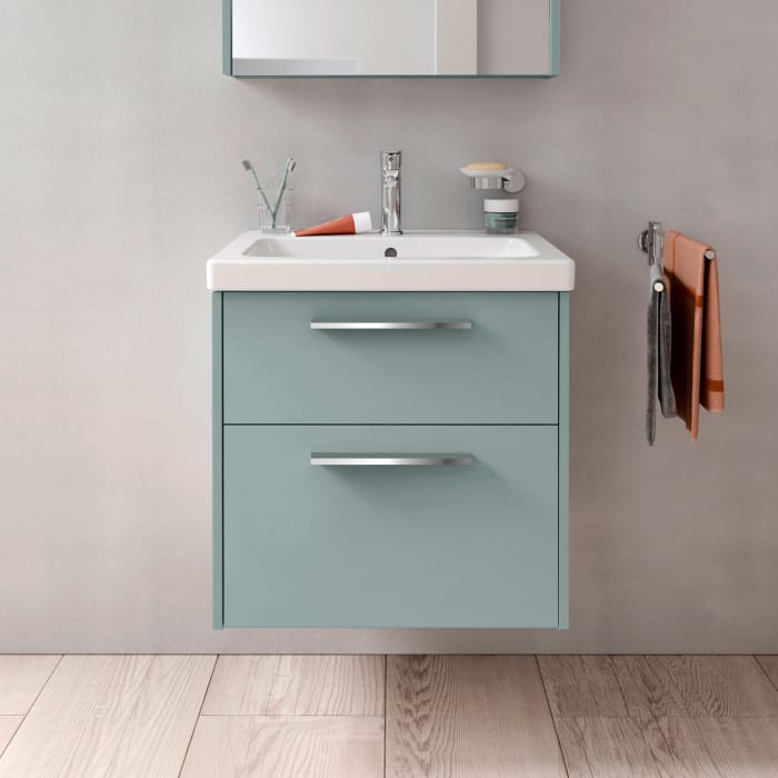 Duravit D-Code Waschtischunterschrank 60 cm mit Keramikwaschtisch, mit 2 Auszügen, Griff chrom