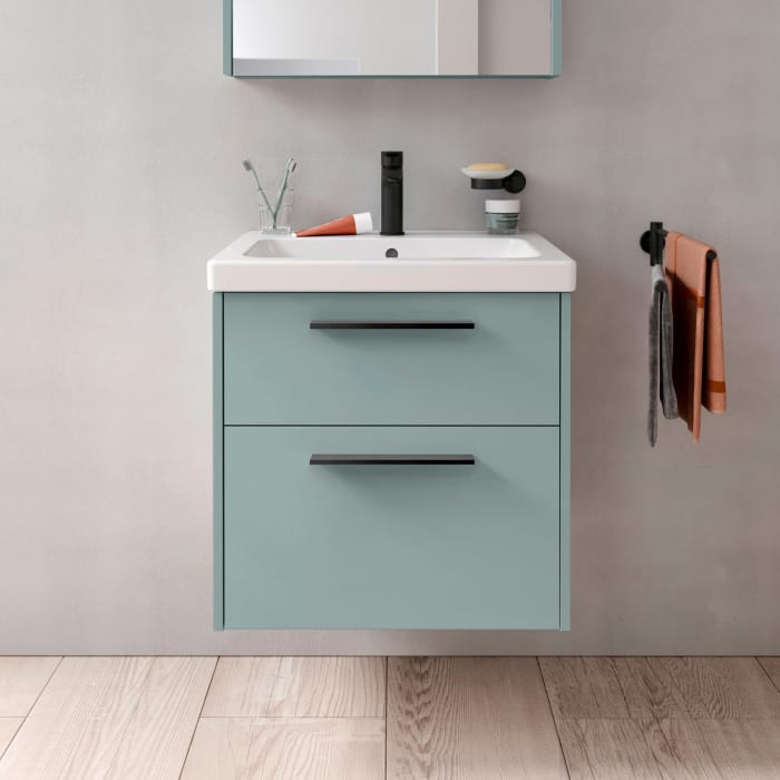Duravit D-Code Waschtischunterschrank 60 cm mit Keramikwaschtisch, mit 2 Auszügen, Griff schwarz
