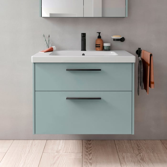 Duravit D-Code Waschtischunterschrank 80 cm mit Keramikwaschtisch, mit 2 Auszügen, Griff schwarz